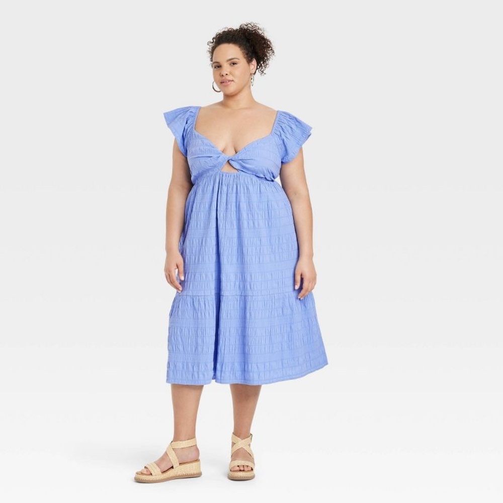🔥Women's Flutter Short Sleeve Midi A-Line Dress - Universal Thread Blue - Picture 2 of 7